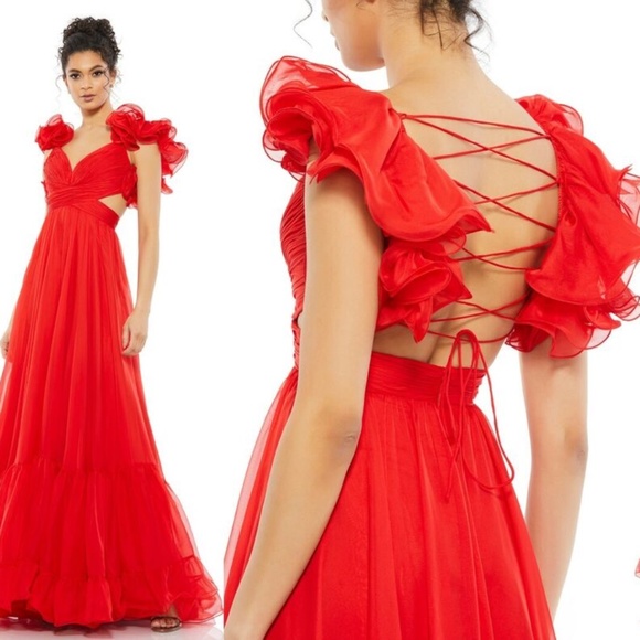 Mac Duggal X Anthropologie Indy A-Line Ruffled Back Lace-Up Chiffon Gown in red - Picture 1 of 4